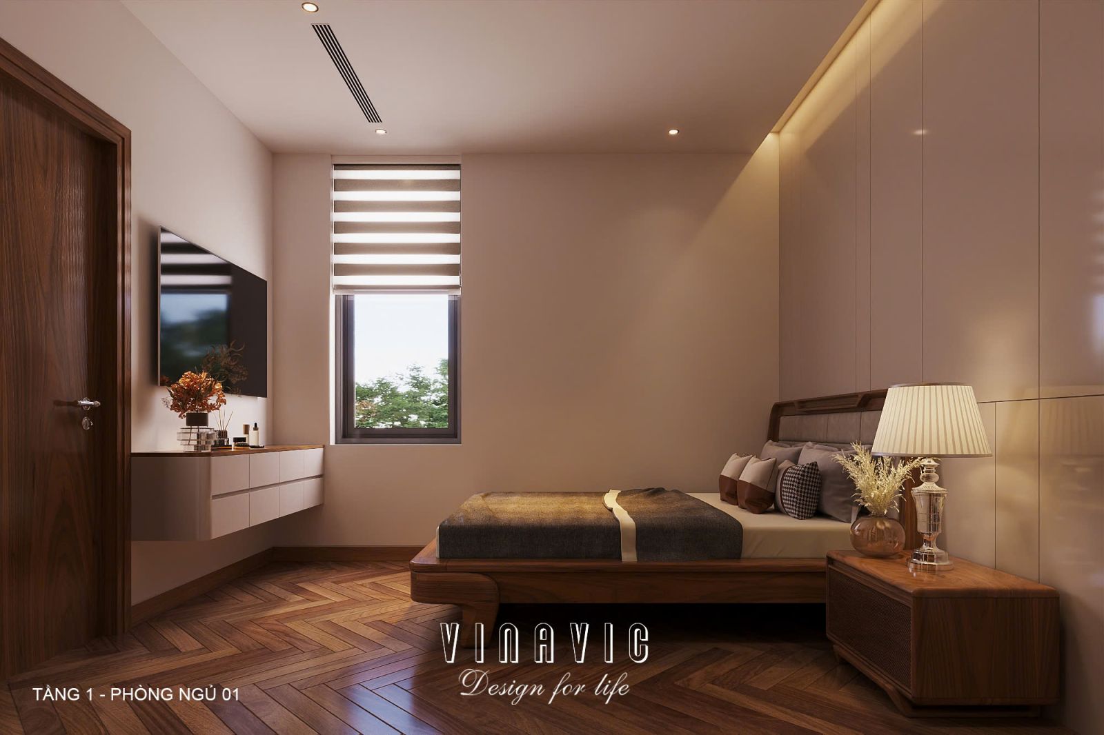 Phối cảnh nội thất phòng ngủ tầng 1 biệt thự 3 tầng hiện đại NT2360