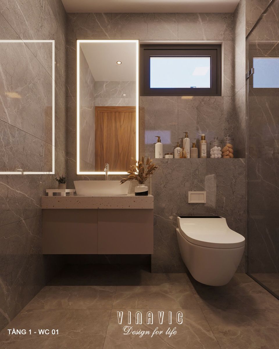 Phối cảnh nội thất phòng tắm tầng 1 biệt thự 3 tầng hiện đại NT2360