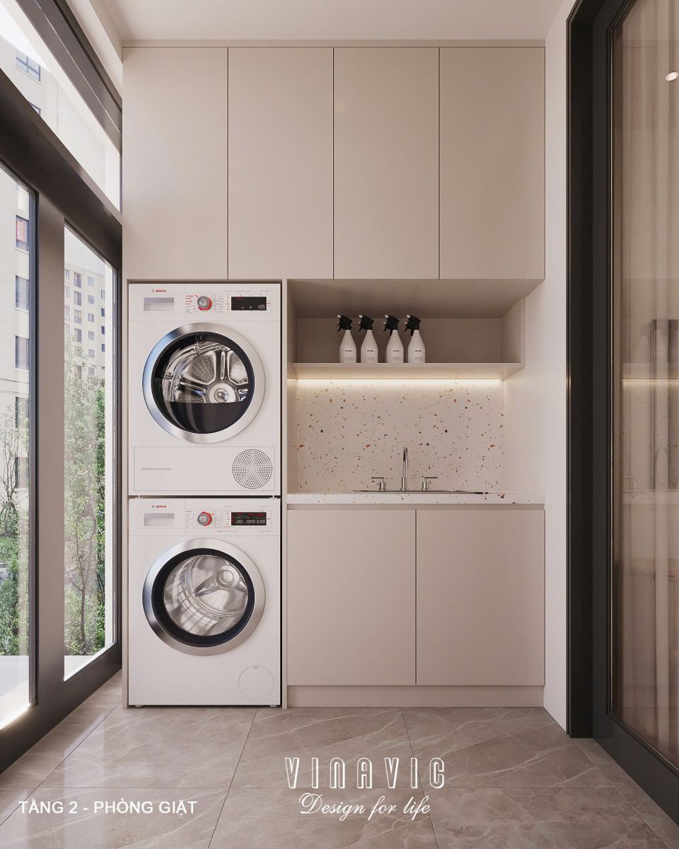 Phối cảnh nội thất phòng giặt tầng 2 biệt thự 3 tầng hiện đại NT2360