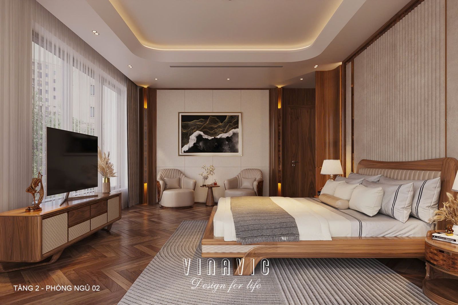 Phối cảnh nội thất phòng ngủ Master tầng 2 biệt thự 3 tầng hiện đại NT2360