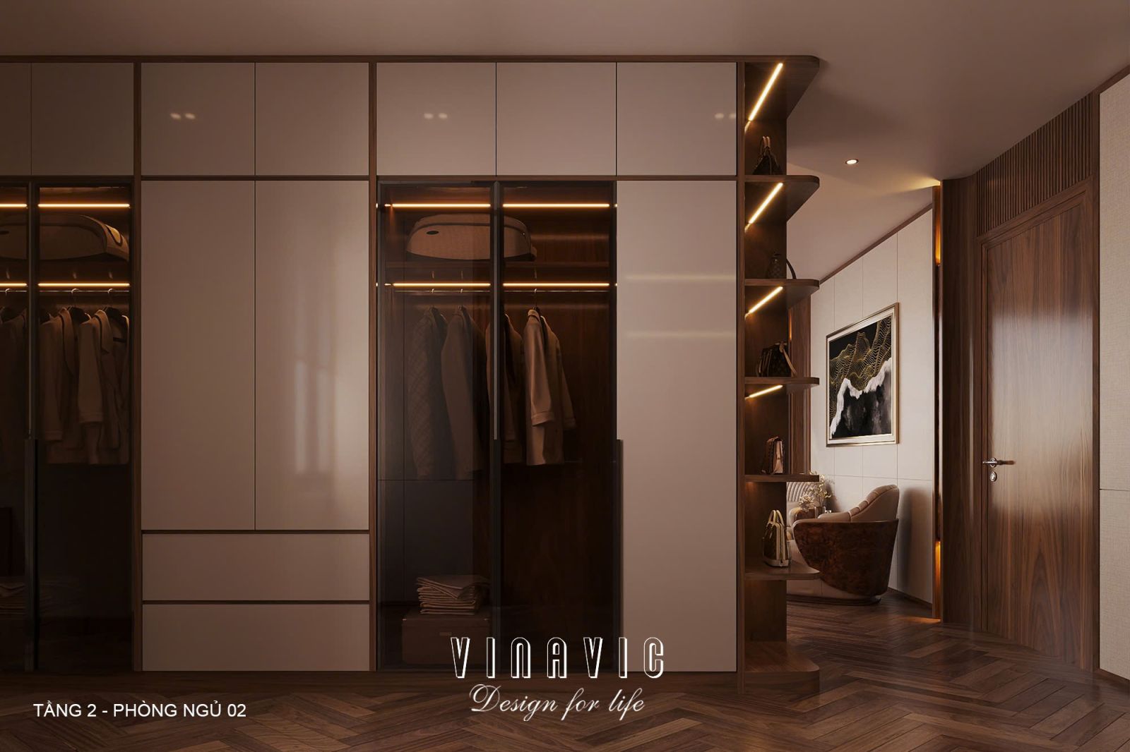 Phối cảnh nội thất phòng ngủ Master tầng 2 biệt thự 3 tầng hiện đại NT2360