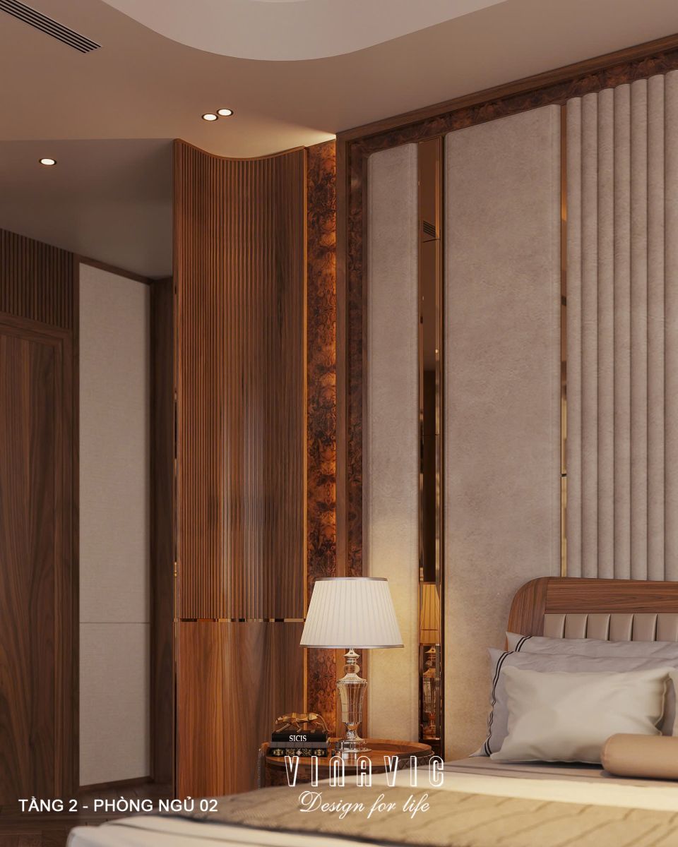 Phối cảnh nội thất phòng ngủ Master tầng 2 biệt thự 3 tầng hiện đại NT2360