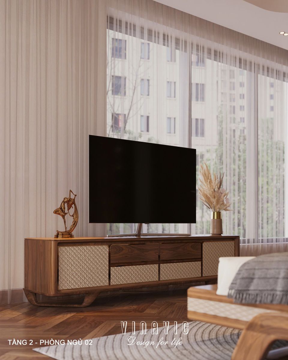 Phối cảnh nội thất phòng ngủ Master tầng 2 biệt thự 3 tầng hiện đại NT2360