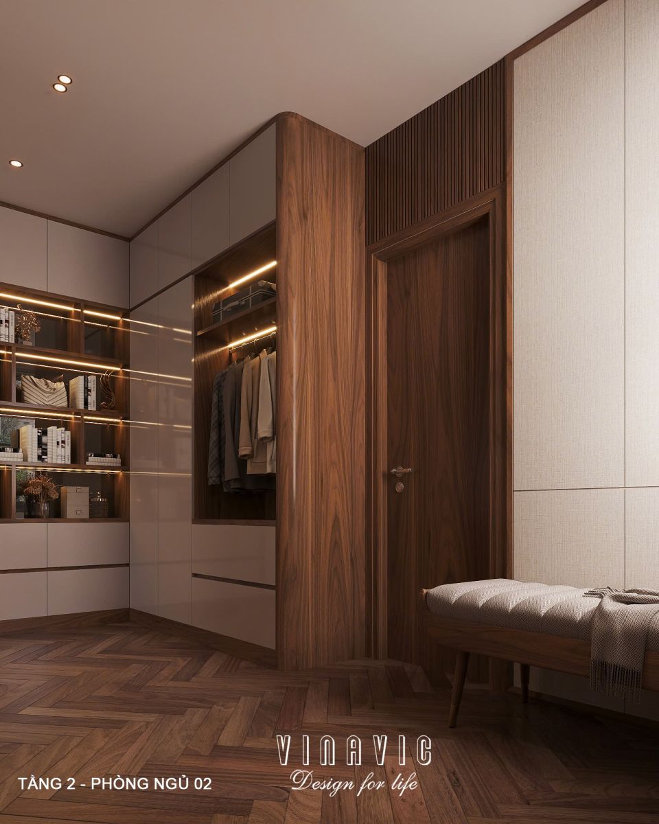 Phối cảnh nội thất phòng ngủ Master tầng 2 biệt thự 3 tầng hiện đại NT2360
