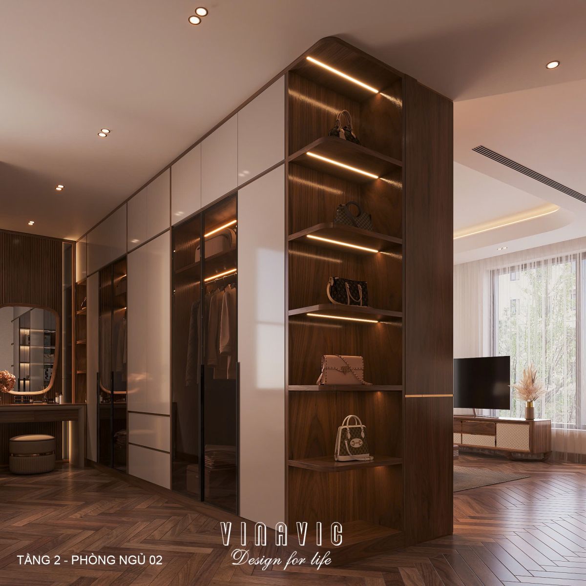 Phối cảnh nội thất phòng ngủ Master tầng 2 biệt thự 3 tầng hiện đại NT2360