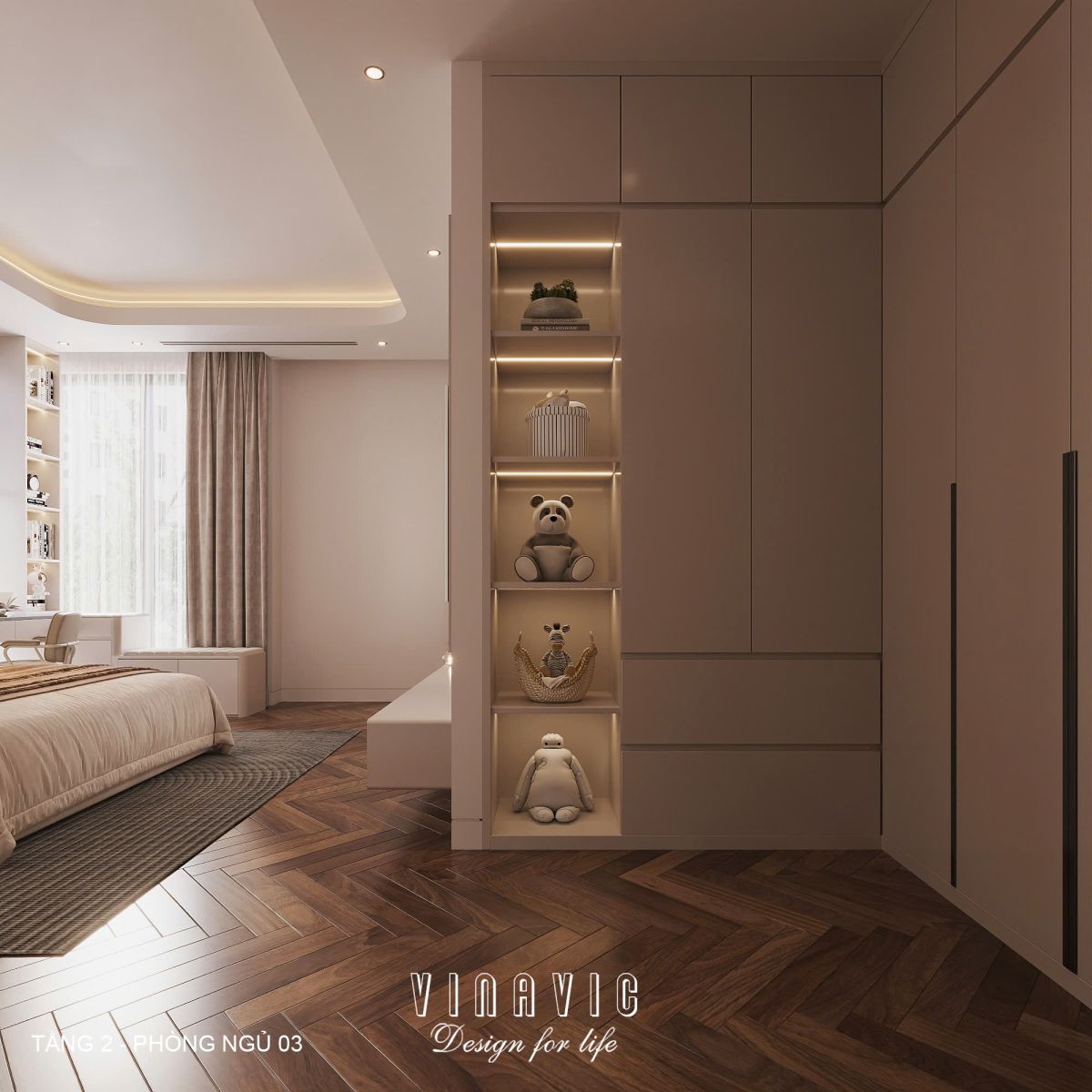 Phối cảnh nội thất phòng ngủ 03 tầng 2 biệt thự 3 tầng hiện đại NT2360