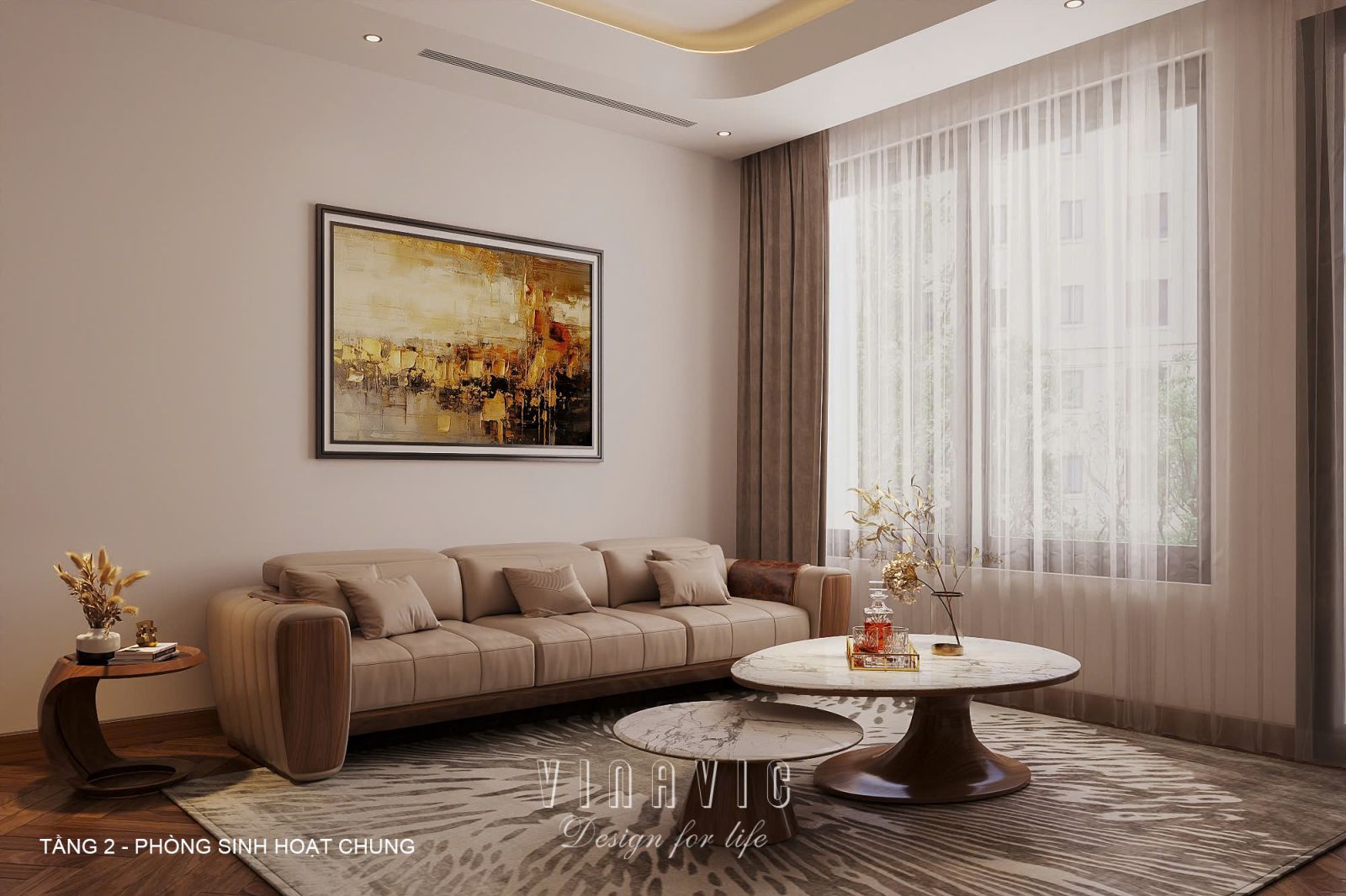 Phối cảnh phòng sinh hoạt chung tầng2 biệt thự 3 tầng hiện đại NT2360