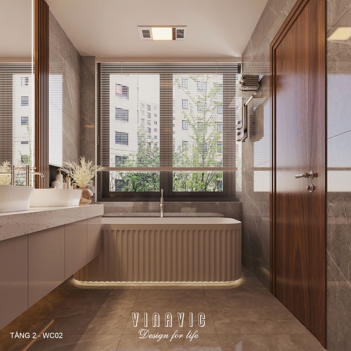 Phối cảnh nội thất phòng tắm tầng 2 biệt thự 3 tầng hiện đại NT2360