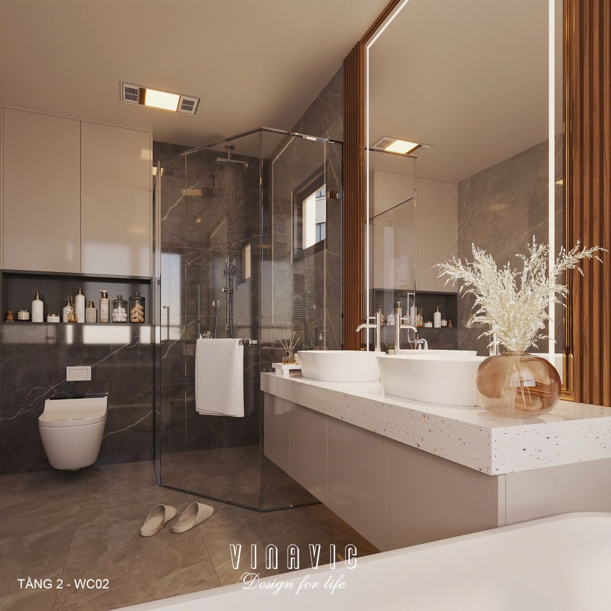 Phối cảnh nội thất phòng tắm tầng 2 biệt thự 3 tầng hiện đại NT2360