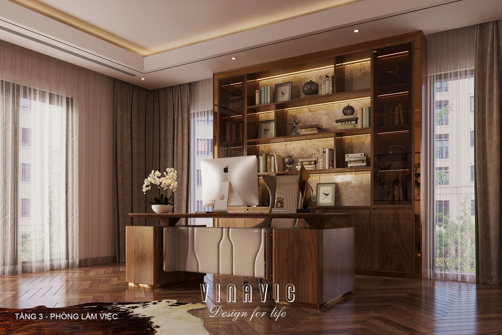Phối cảnh nội thất phòng làm việc tầng 3 biệt thự 3 tầng hiện đại NT2360