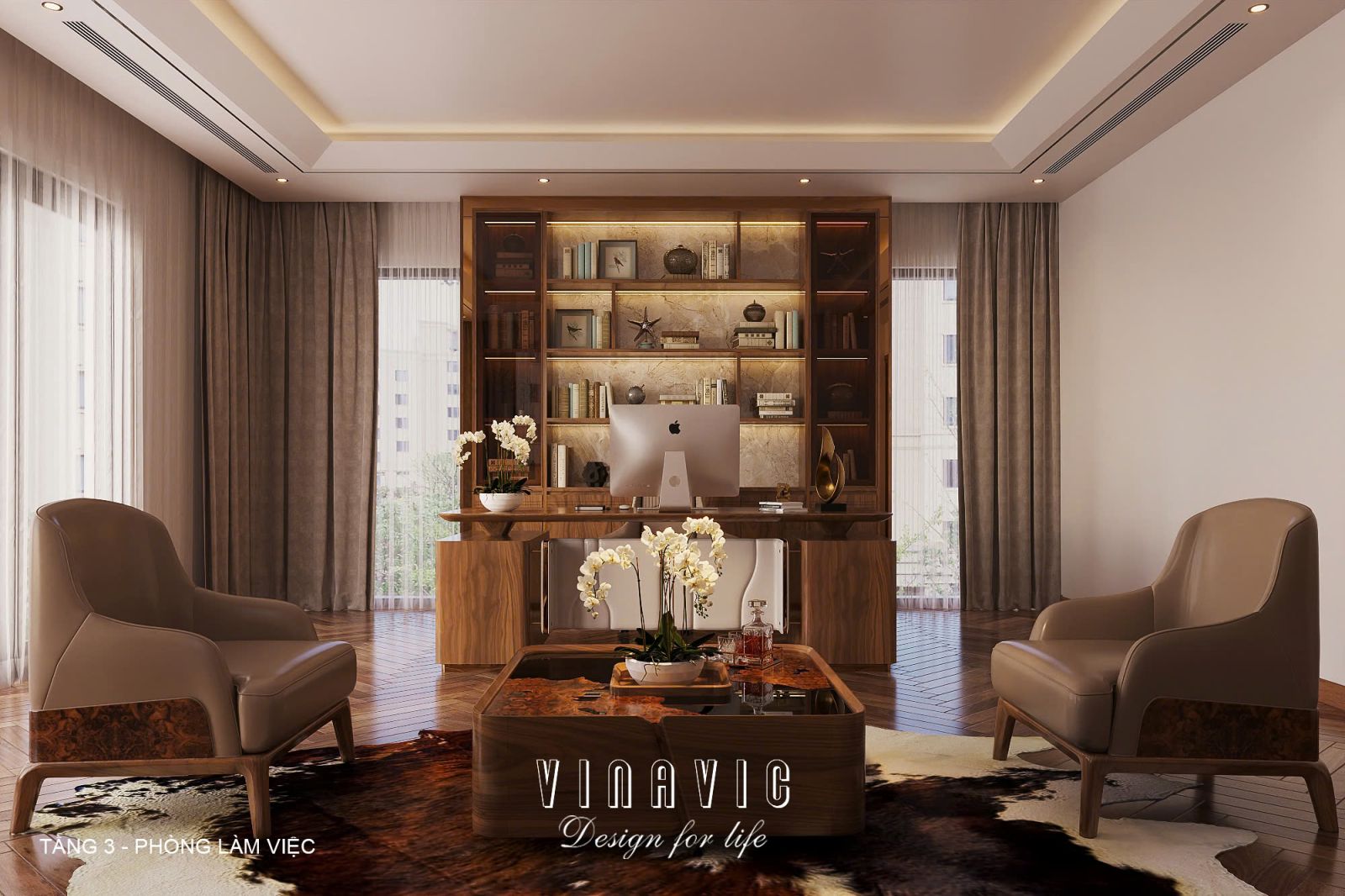 Phối cảnh nội thất phòng làm việc tầng 3 biệt thự 3 tầng hiện đại NT2360