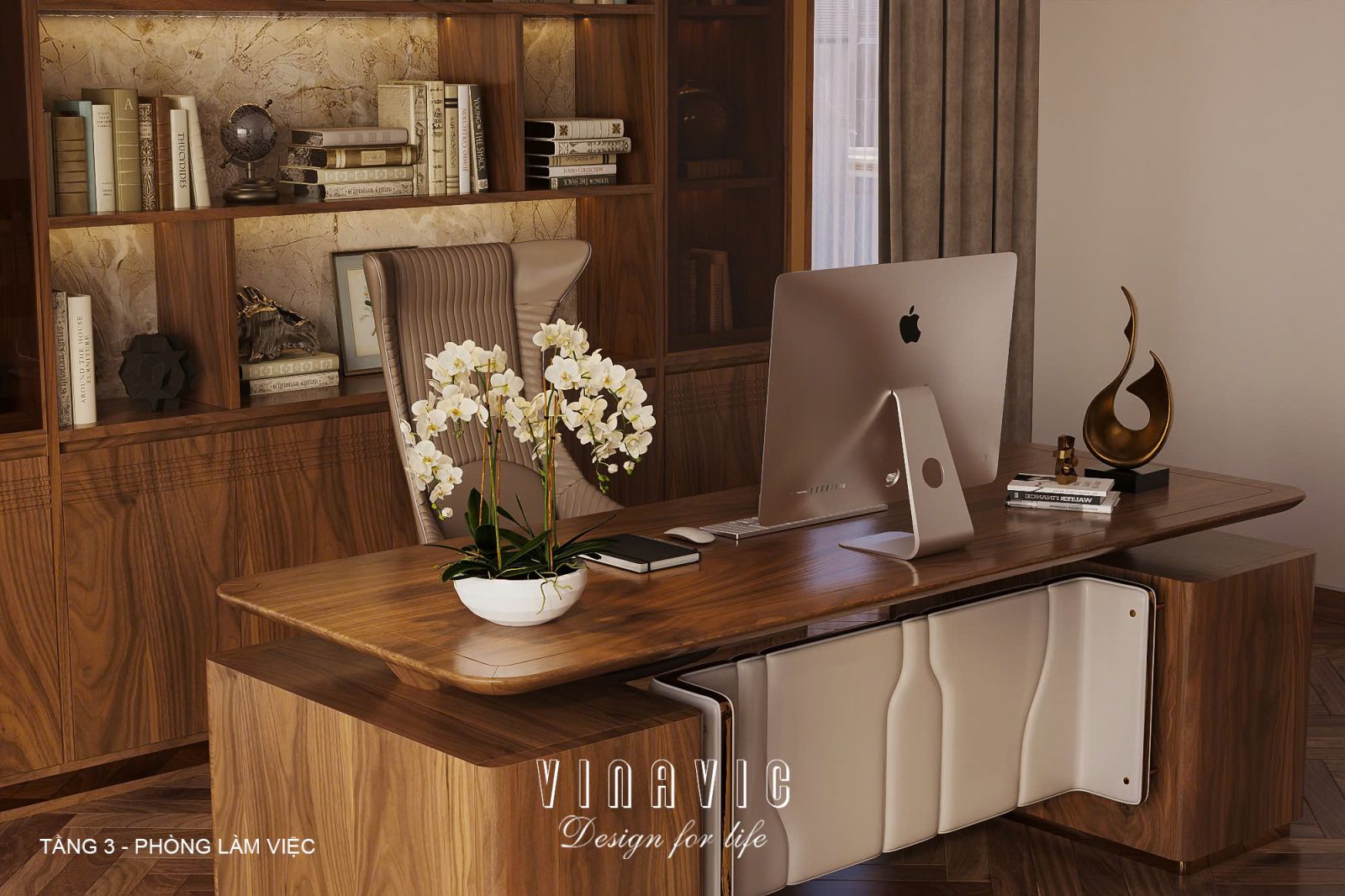 Phối cảnh nội thất phòng làm việc tầng 3 biệt thự 3 tầng hiện đại NT2360