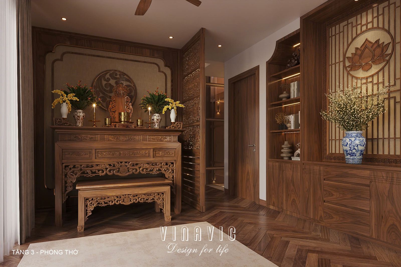 Phối cảnh nội thất phòng thờ tầng 3 biệt thự 3 tầng hiện đại NT2360