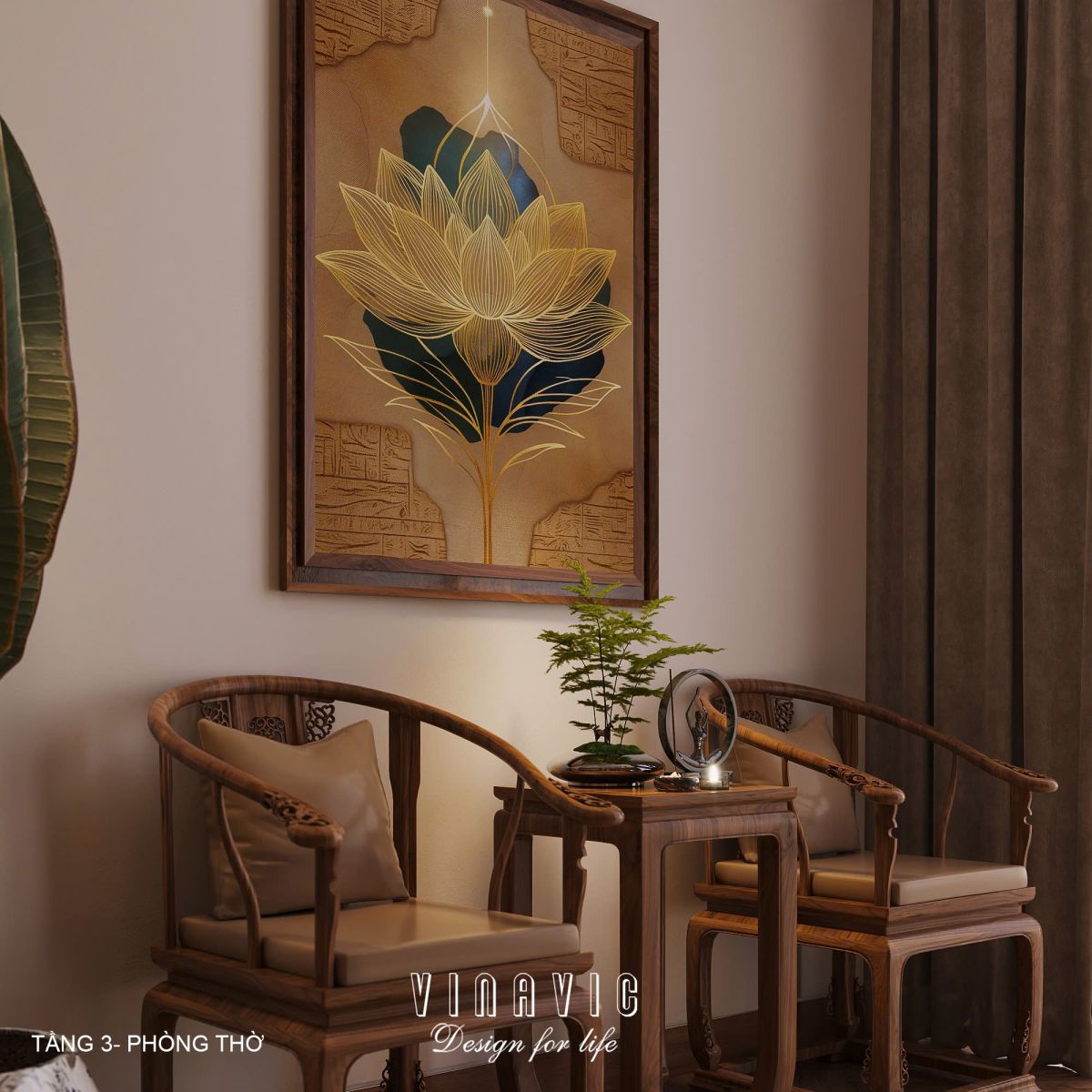 Phối cảnh nội thất phòng thờ tầng 3 biệt thự 3 tầng hiện đại NT2360