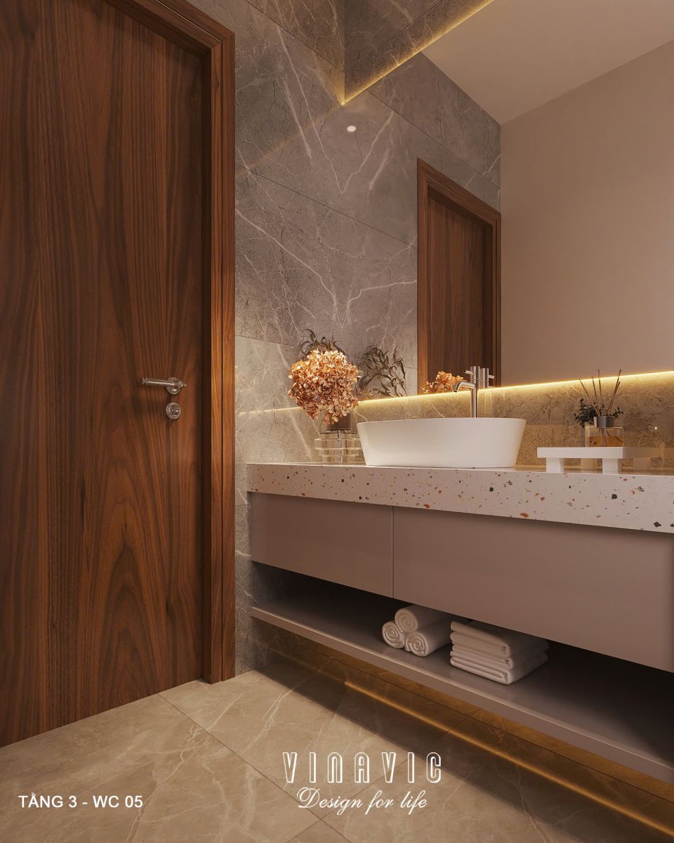 Phối cảnh nội thất nhà vệ sinh tầng 3 biệt thự 3 tầng hiện đại NT2360