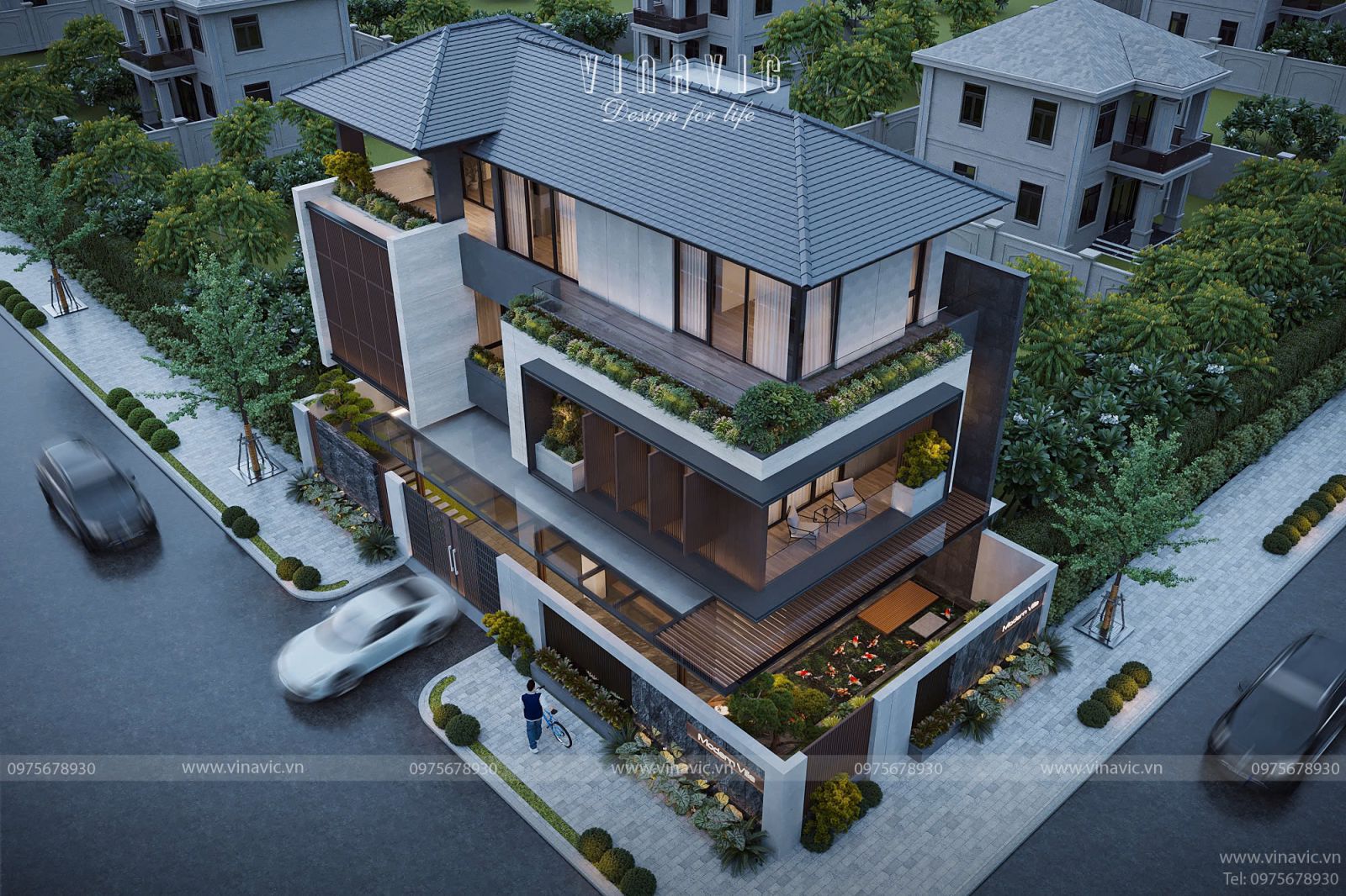 Ý tưởng thiết kế biệt thự 3 tầng hiện đại góc 2 mặt tiền 200m2