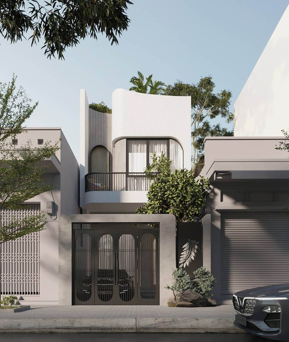 Mặt tiền mẫu thiết kế nhà 40m2 1 trệt 1 lầu mái bằng kiến trúc xanh độc đáo