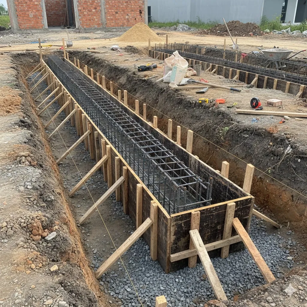 Thi công giằng móng băng lệch tâm liên kết móng nhà phố, thép chờ và bê tông cốt thép rõ ràng