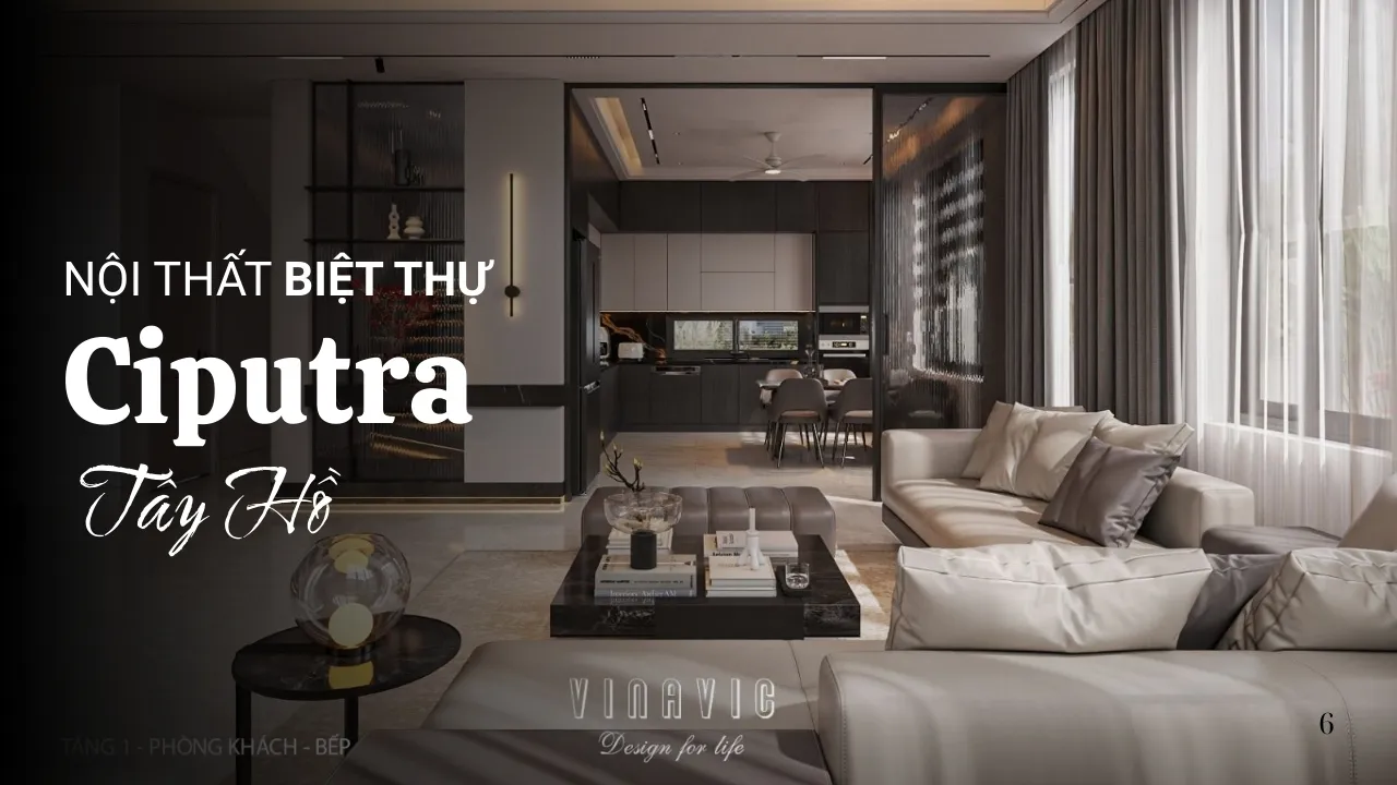 Không gian phòng khách sang trọng trong dịch vụ thiết kế nội thất biệt thự Ciputra Tây Hồ với sofa da cao cấp