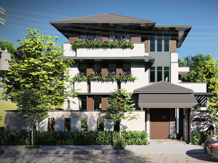 Phối cảnh mặt tiền mẫu biệt thự mini kiểu Nhật hiện đại với hệ mái ngói màu xanh đen sang trọng hài hòa cùng sân vườn xanh mát