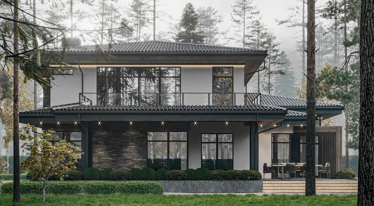 Mẫu biệt thự phố mini phong cách Nhật với hệ lam gỗ chắn nắng mặt tiền và bồn cây xanh trang trí tại ban công các tầng