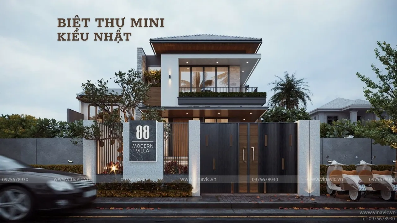 Phối cảnh mặt tiền mẫu biệt thự mini kiểu Nhật hiện đại với hệ mái ngói màu xanh đen sang trọng hài hòa cùng sân vườn xanh mát