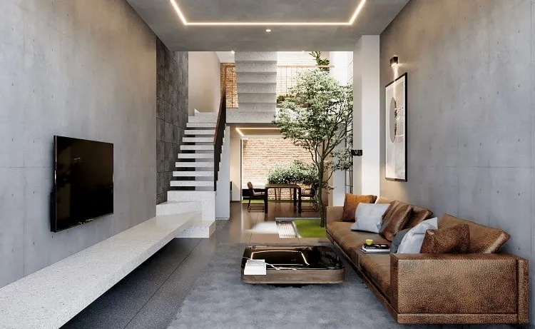 Mặt bằng tầng 1 thiết kế nhà ống 2 tầng 4.5 x15m phong cách hiện đại, không gian sáng, bố trí khoa học