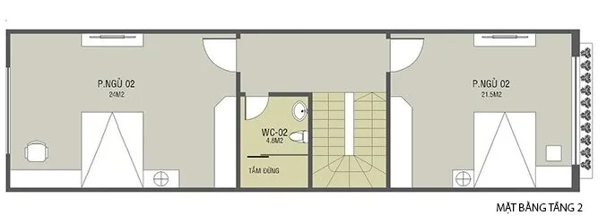 Mặt bằng tầng 2 thiết kế nhà ống 2 tầng 4.5 x15m tối ưu phòng ngủ, thông gió tự nhiên