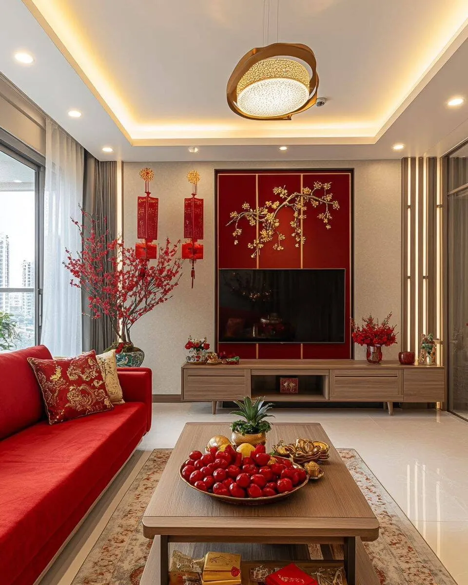 Phòng khách biệt thự Vinavic trang trí tết chuẩn bị đón người xông nhà năm 2026 Bính Ngọ