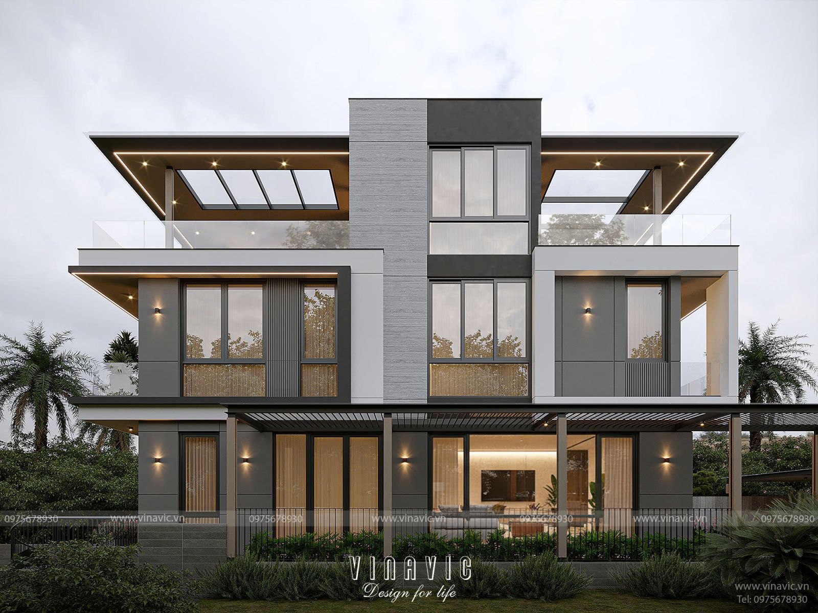 hối cảnh biệt thự hiện đại 3 tầng nhìn từ dưới sườn đồi, hình khối giật cấp theo địa hình