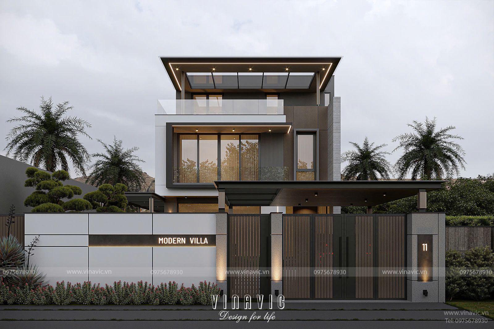 Kiến trúc biệt thự mái bằng 3 tầng trên đất dốc với ban công rộng và không gian mở