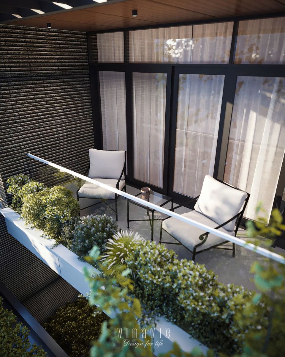 Không gian thư giãn chill lý tưởng tại ban công, nơi giao hòa giữa cuộc sống tiện nghi và thiên nhiên xanh mát