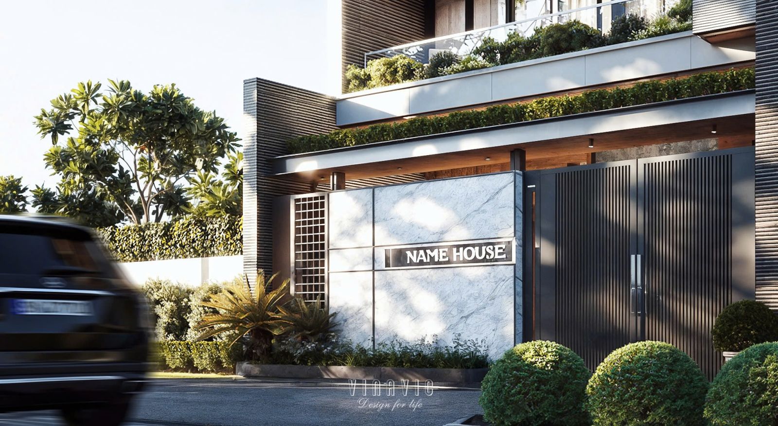 Cận cảnh hệ thống cổng và tường rào được thiết kế đồng bộ, sử dụng đá ốp tự nhiên sang trọng đảm bảo sự riêng tư và an ninh.