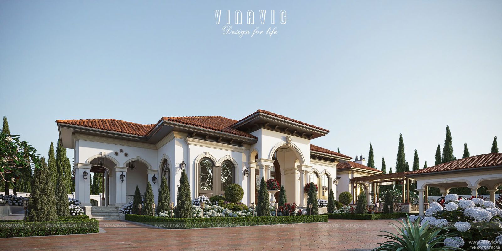 Phối cảnh góc nghiêng mẫu biệt thự Địa Trung Hải 1 tầng 3 phòng ngủ 228m2 đẹp sang trọng tại Nghệ An - BT2449