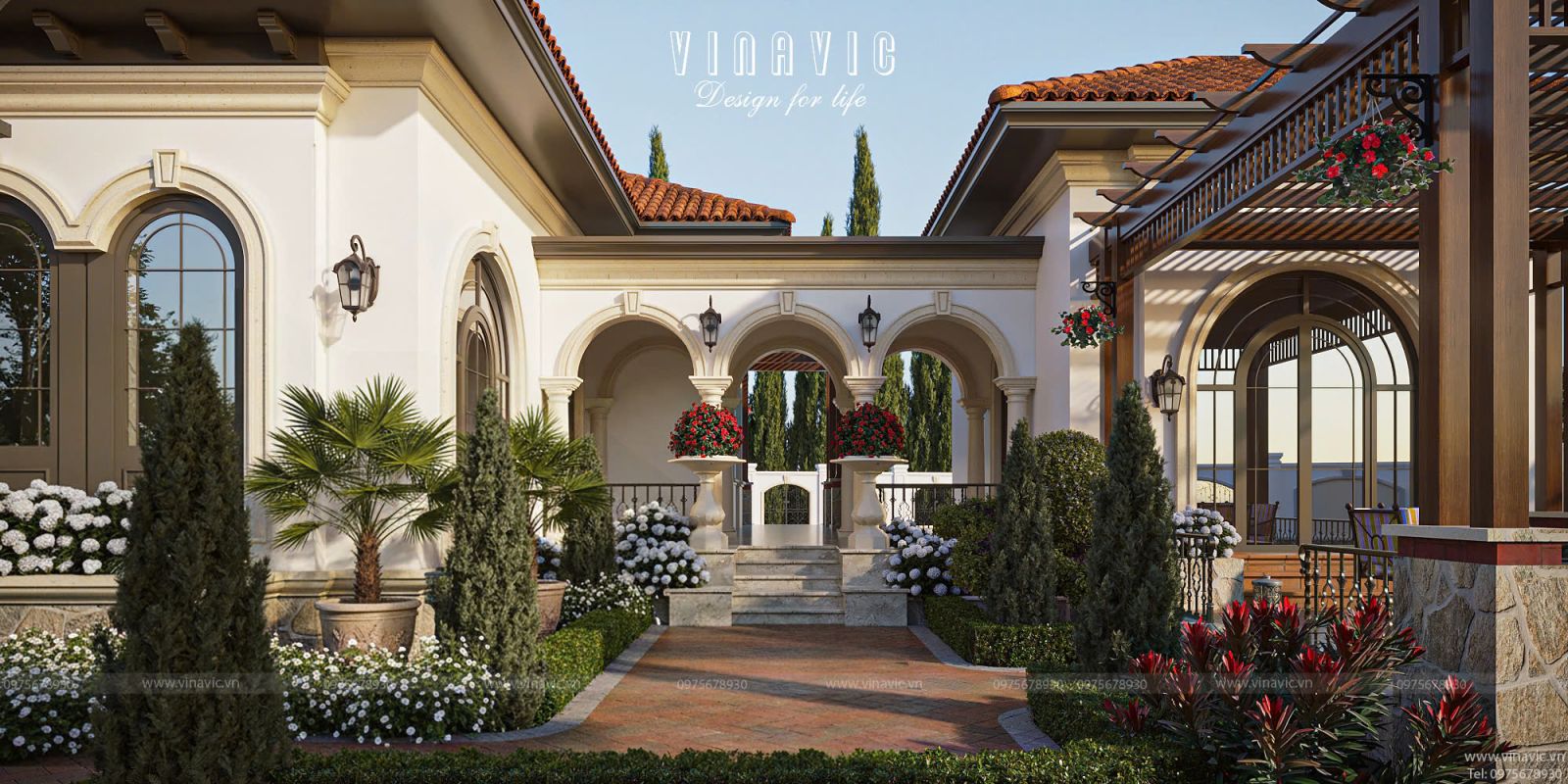 Không gian sân vườn và lối đi dạo thoáng mát bên hông mẫu biệt thự nhà vườn 1 tầng đẹp nhất Nghệ An.