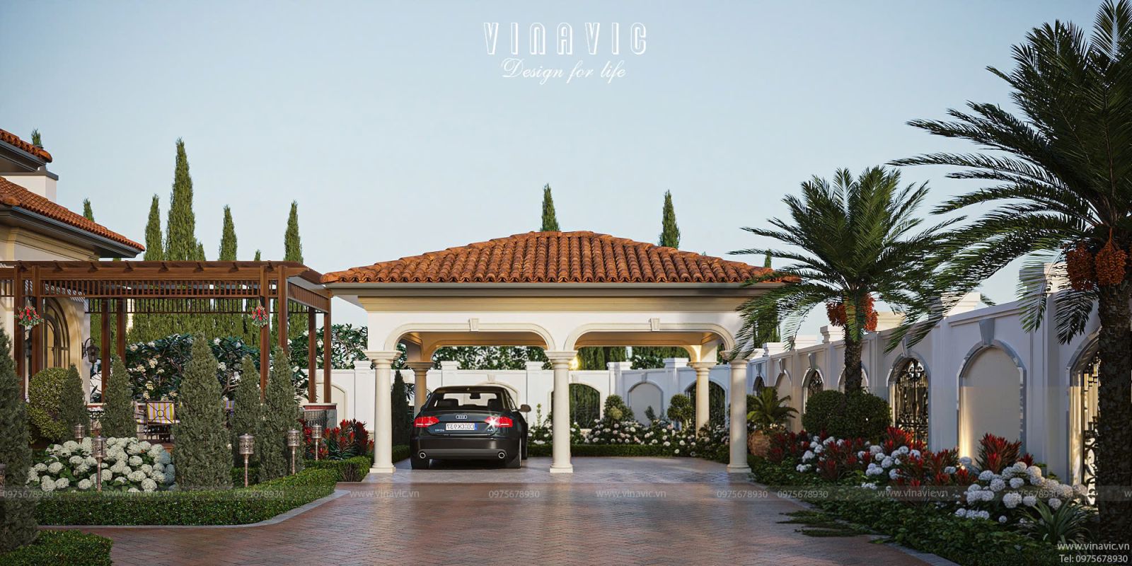 Thiết kế gara để xe ô tô ngoài trời có mái che kiến trúc vòm đồng bộ với biệt thự vườn Địa Trung Hải.