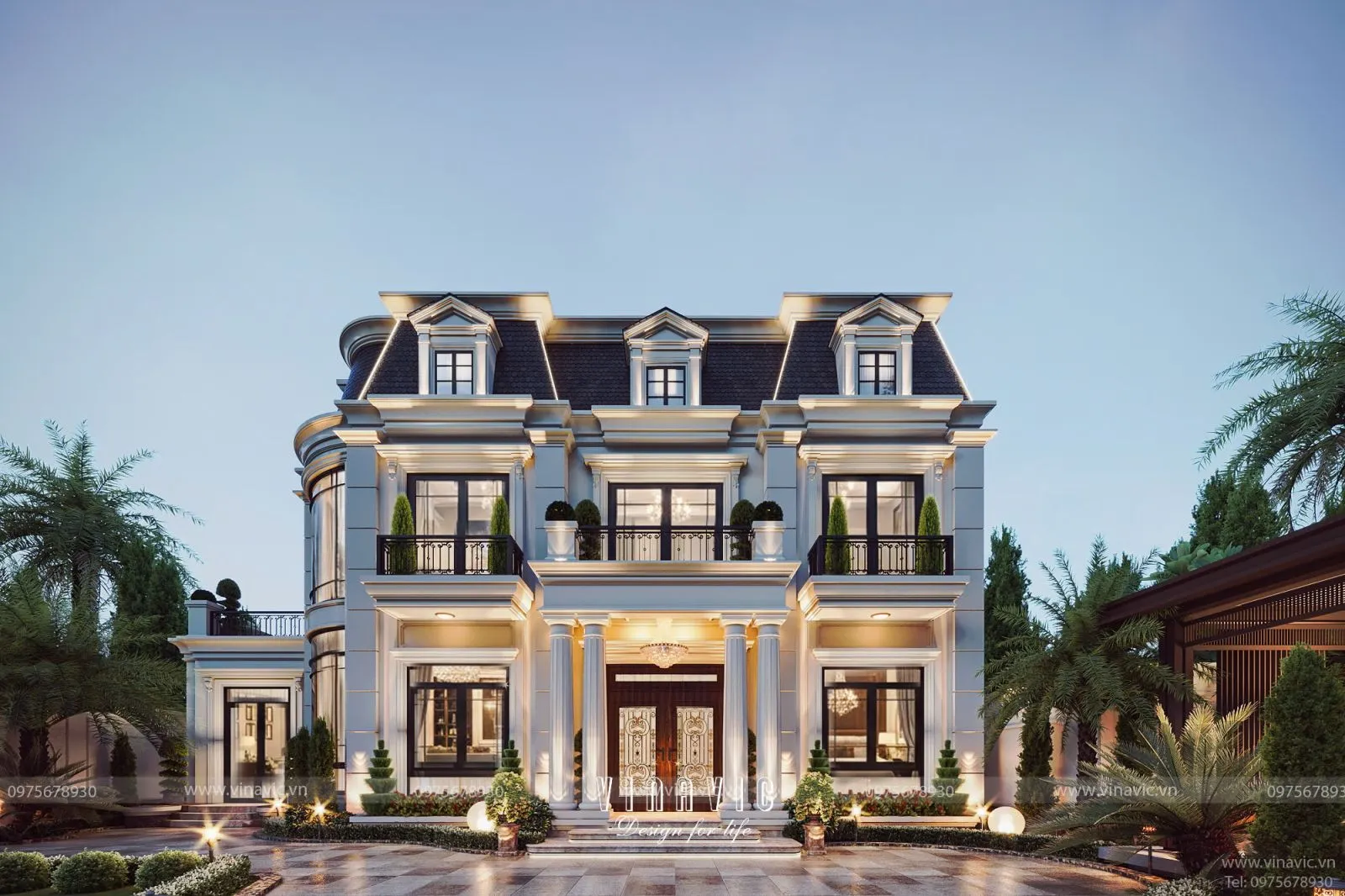 Phối cảnh góc mẫu biệt thự 2 tầng tân cổ điển mái Mansard 228m2 với thiết kế vách kính cong thông tầng độc đáo tại Phú Thọ - BT2450