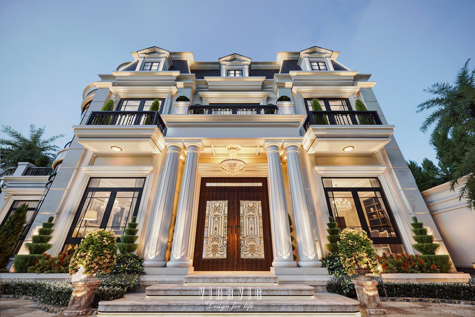 Mặt tiền chính diện 19m mẫu biệt thự 2 tầng tân cổ điển đẹp bề thế với hệ cột trụ vững chãi và mái Mansard sang trọng