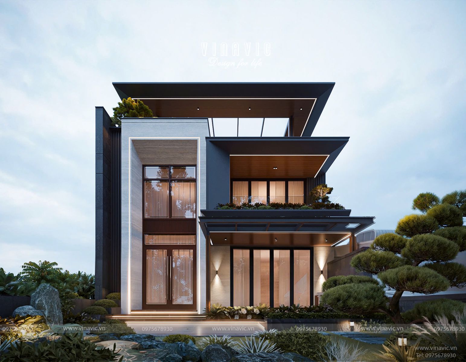 Góc phối cảnh bố trí tiểu cảnh sân vườn biệt thự kết hợp cùng tiểu cảnh sân vườn xanh mát ngay tại tầng 2