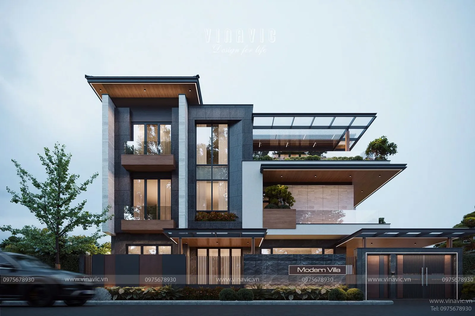 Phối cảnh mặt tiền biệt thự hiện đại 3 tầng 130m2 đẹp sang trọng tại Hưng Yên BT2452