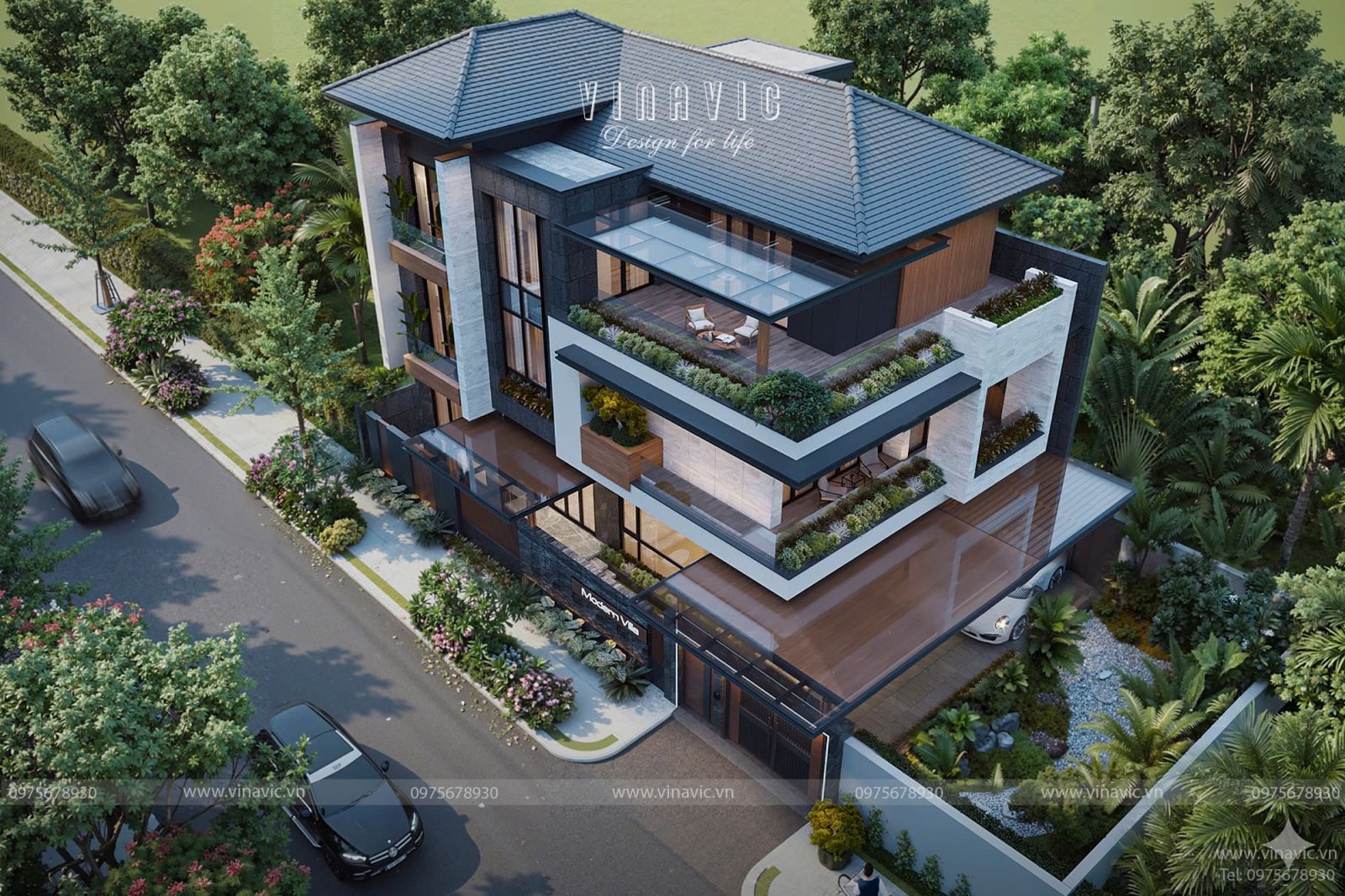 Tổng thể mẫu thiết kế biệt thự 3 tầng 13x10m hiện đại nhìn từ trên cao với không gian xanh BT2452