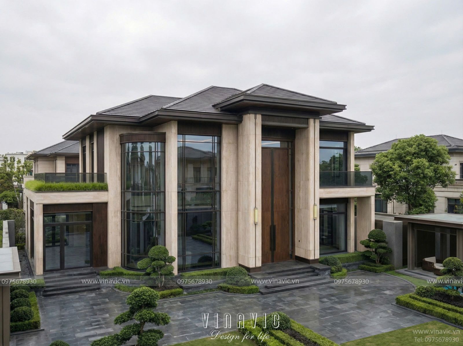 Kiến trúc biệt thự 2 tầng 19x12m hiện đại với hệ thống cửa kính lớn đón sáng