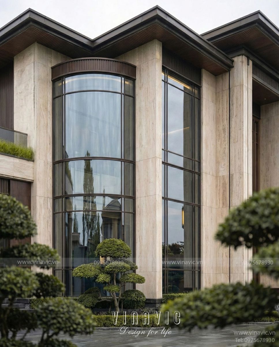 Chi tiết vật liệu đá ốp ngoại thất và gỗ nhựa trang trí trần ban công biệt thự BT2453