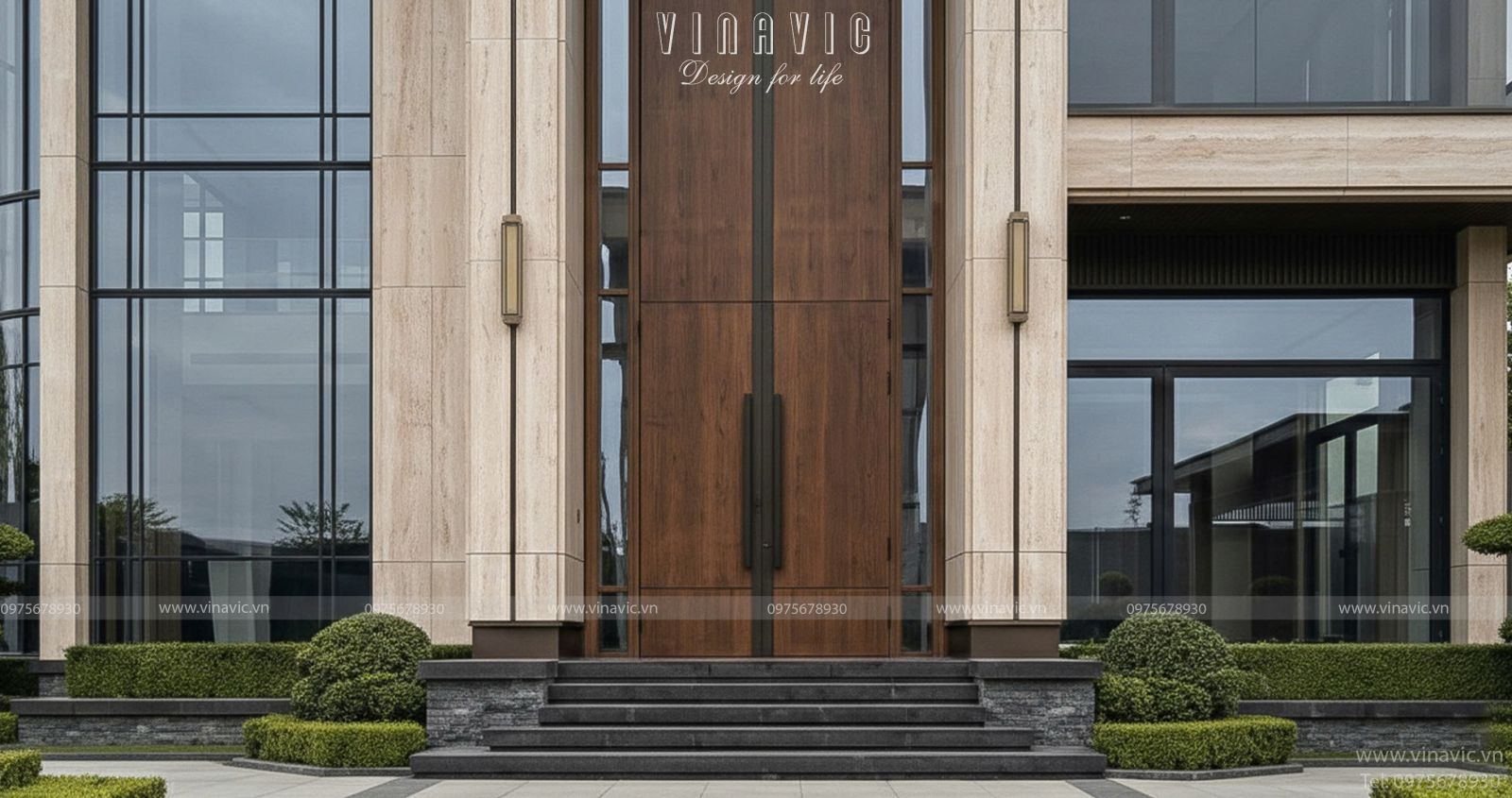 Kiến trúc mặt tiền biệt thự 2 tầng 19x12m sang trọng với hệ mái Nhật và cửa kính lớn