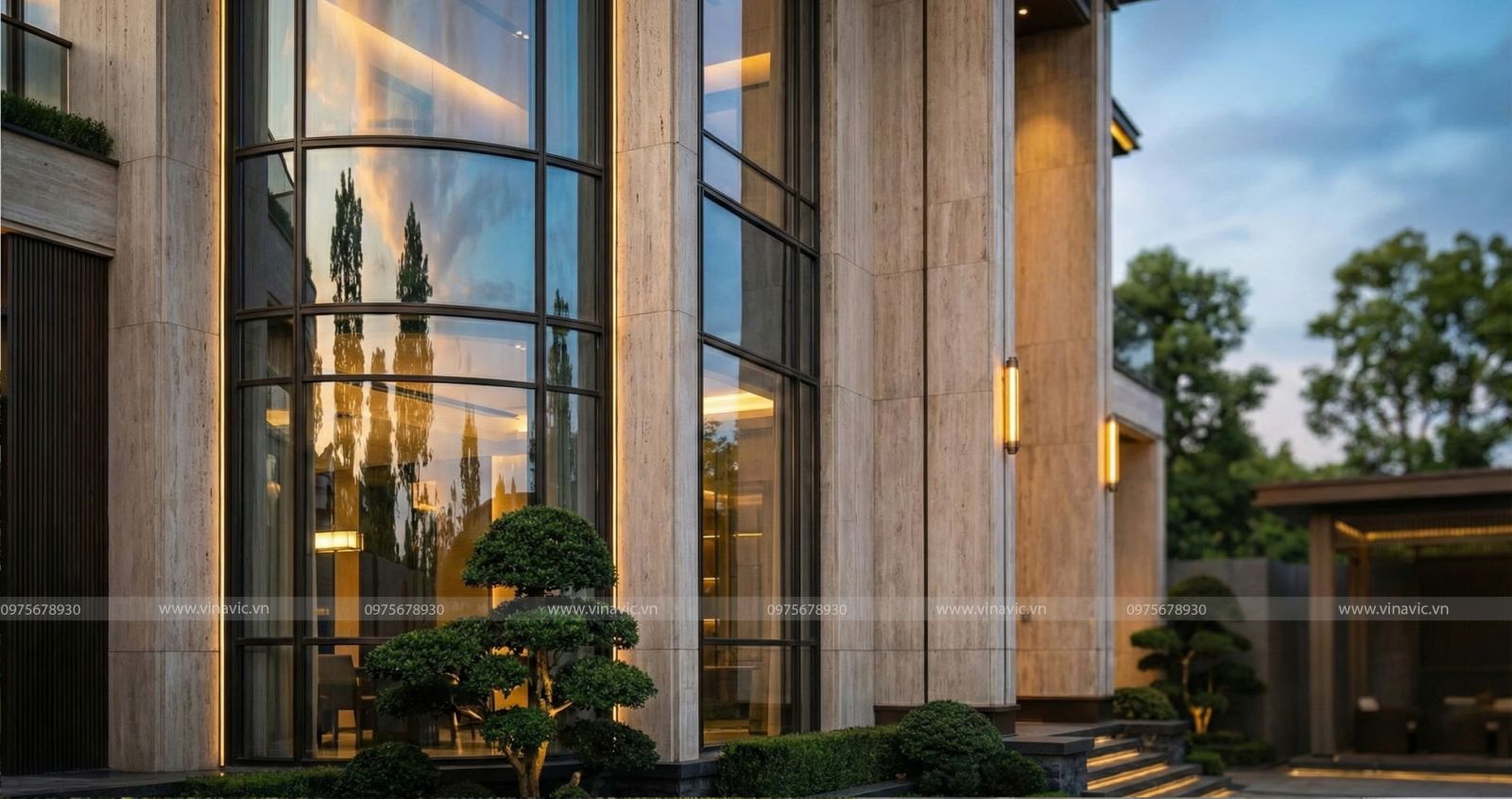 Phối cảnh mặt bên hệ vách kính cong biệt thự hiện đại BT2453 dưới hệ thống đèn lung linh