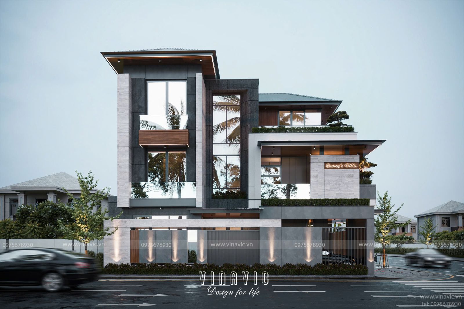 Thiết kế biệt thự hiện đại 3 tầng 2 mặt tiền mái nhật 11x13m BT2454