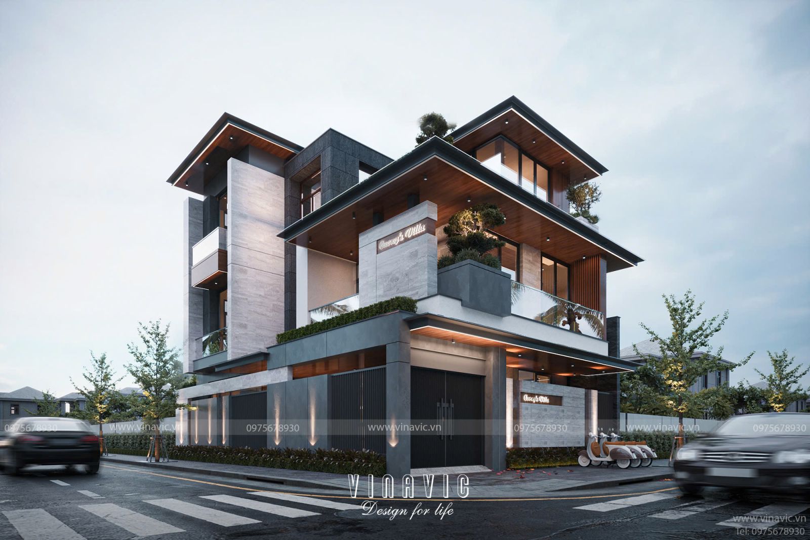 Thiết kế biệt thự hiện đại 3 tầng 2 mặt tiền mái nhật 11x13m BT2454