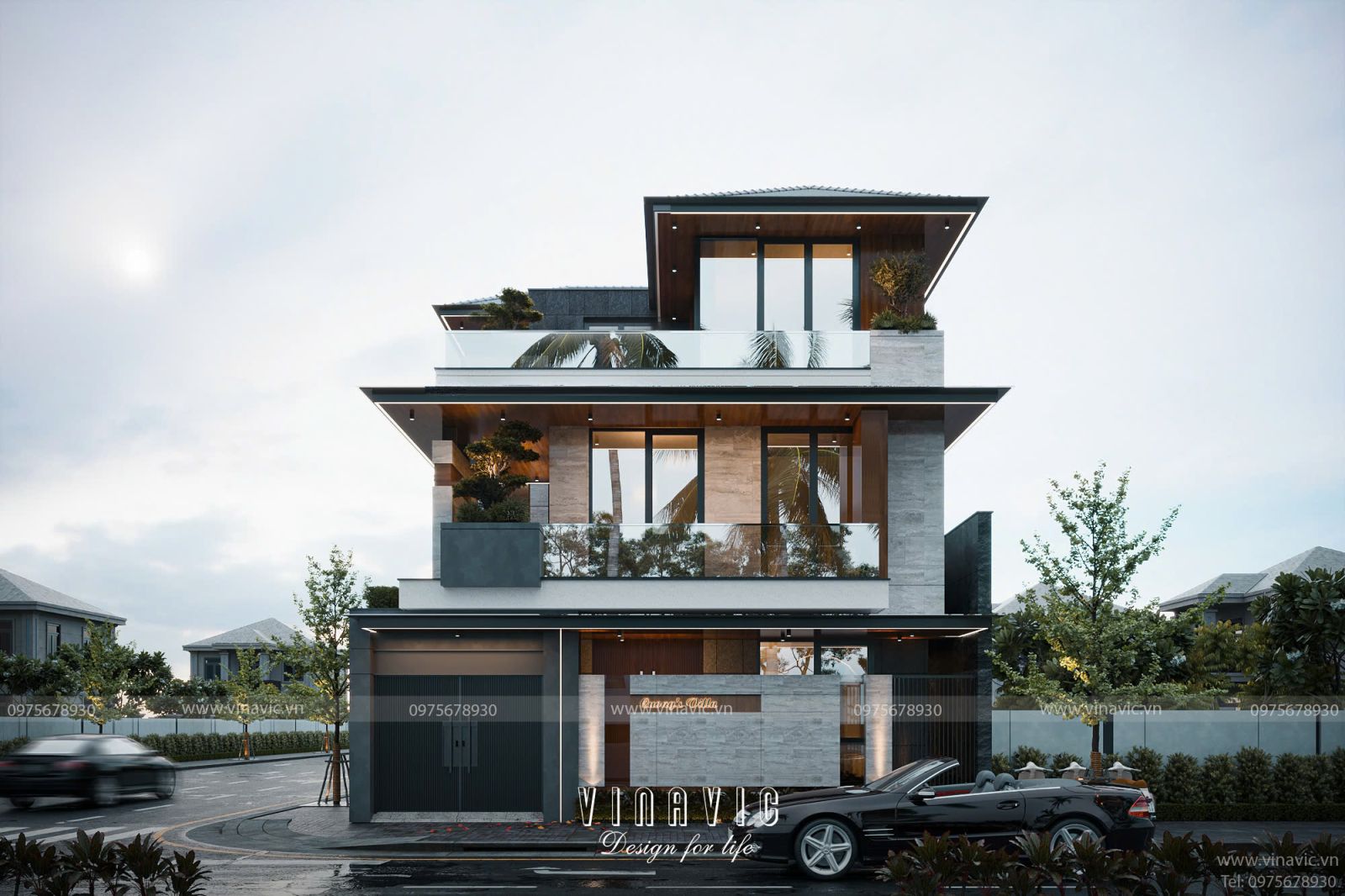 Thiết kế biệt thự hiện đại 3 tầng 2 mặt tiền mái nhật 11x13m BT2454