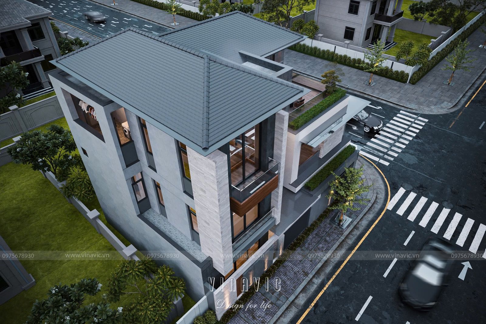 Thiết kế biệt thự hiện đại 3 tầng 2 mặt tiền mái nhật 11x13m BT2454