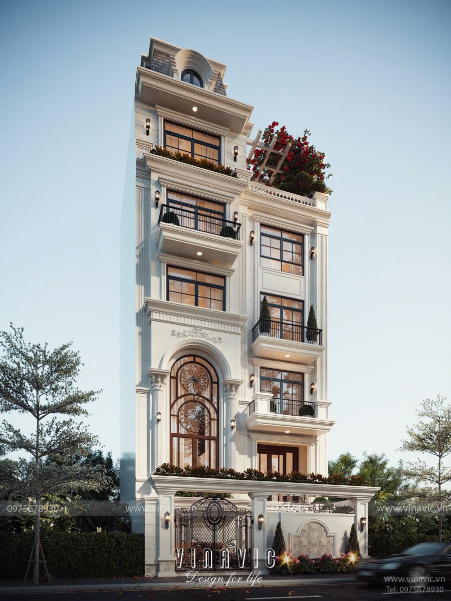 Vẻ đẹp ngoại thất thiết kế nhà phố đẹp 6 tầng phong cách tân cổ điển 9x15m NP2360